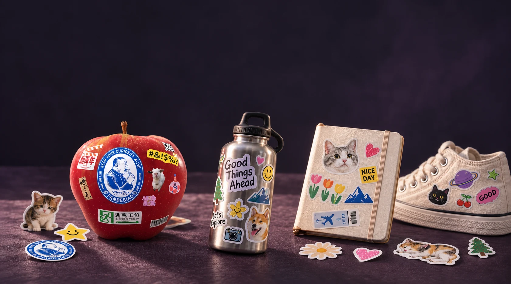 A red apple, silver water bottle, cream notebook and canvas sneaker decorated with colorful stickers on a deep plum tabletop